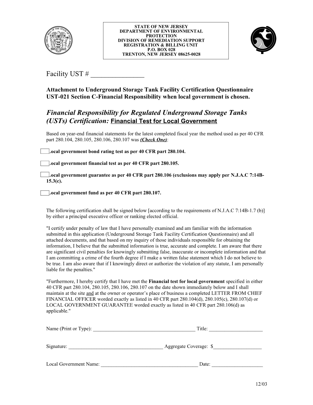 Attachment to Underground Storage Tank Facility Certification Questionnaire UST-021 Section