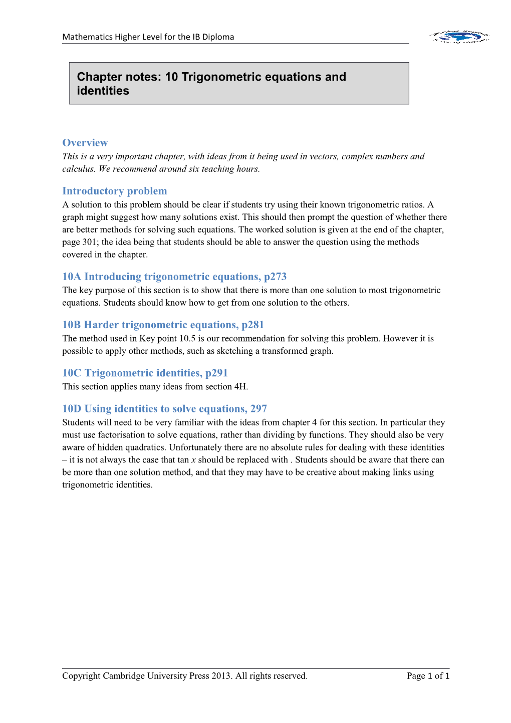 Chapter Notes: 10 Trigonometric Equations and Identities