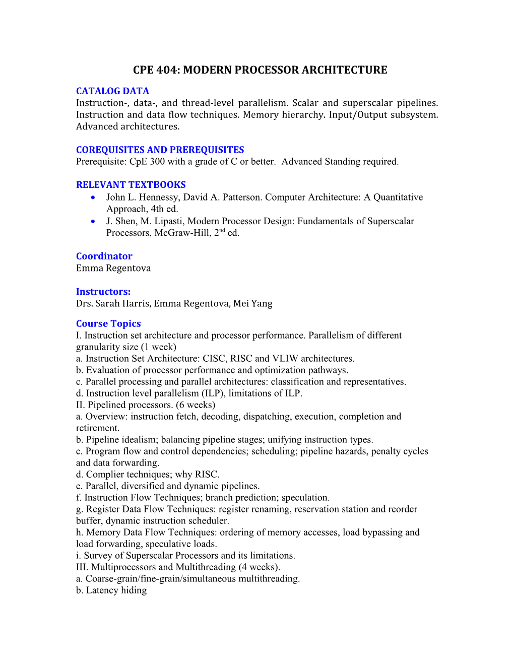 Cpe 404: Modern Processor Architecture