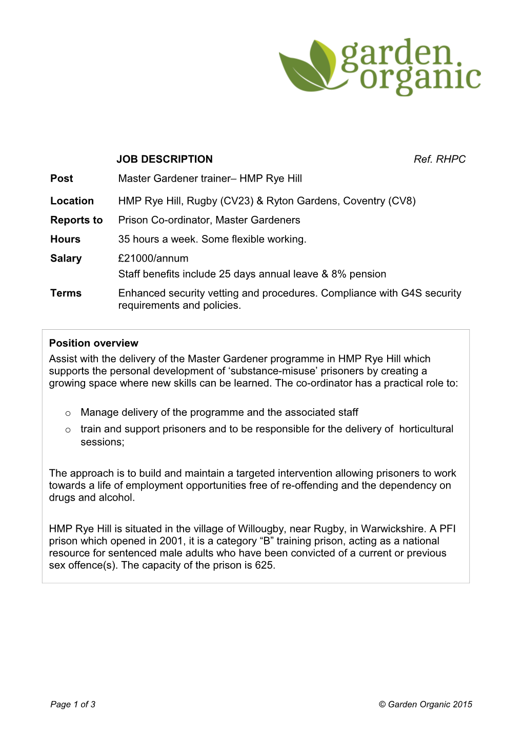 JOB DESCRIPTION Ref. RHPC