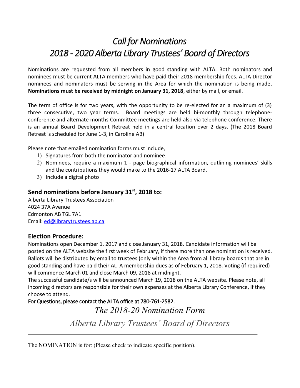 2018 - 2020 Alberta Library Trustees Board of Directors