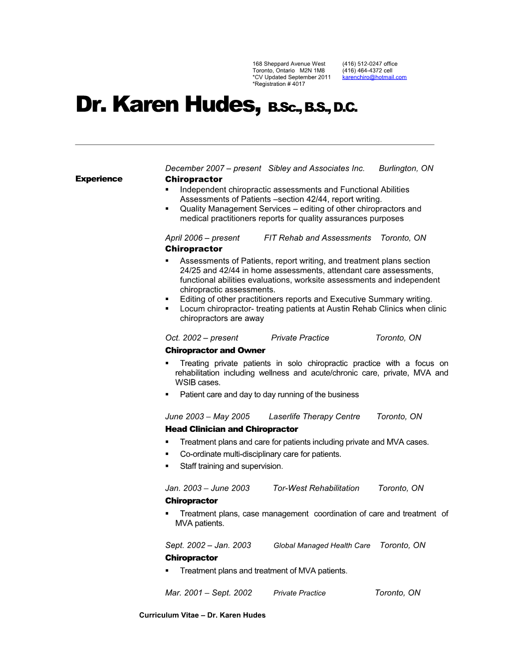 Dr. Karen Hudes, B.Sc., B.S., D.C