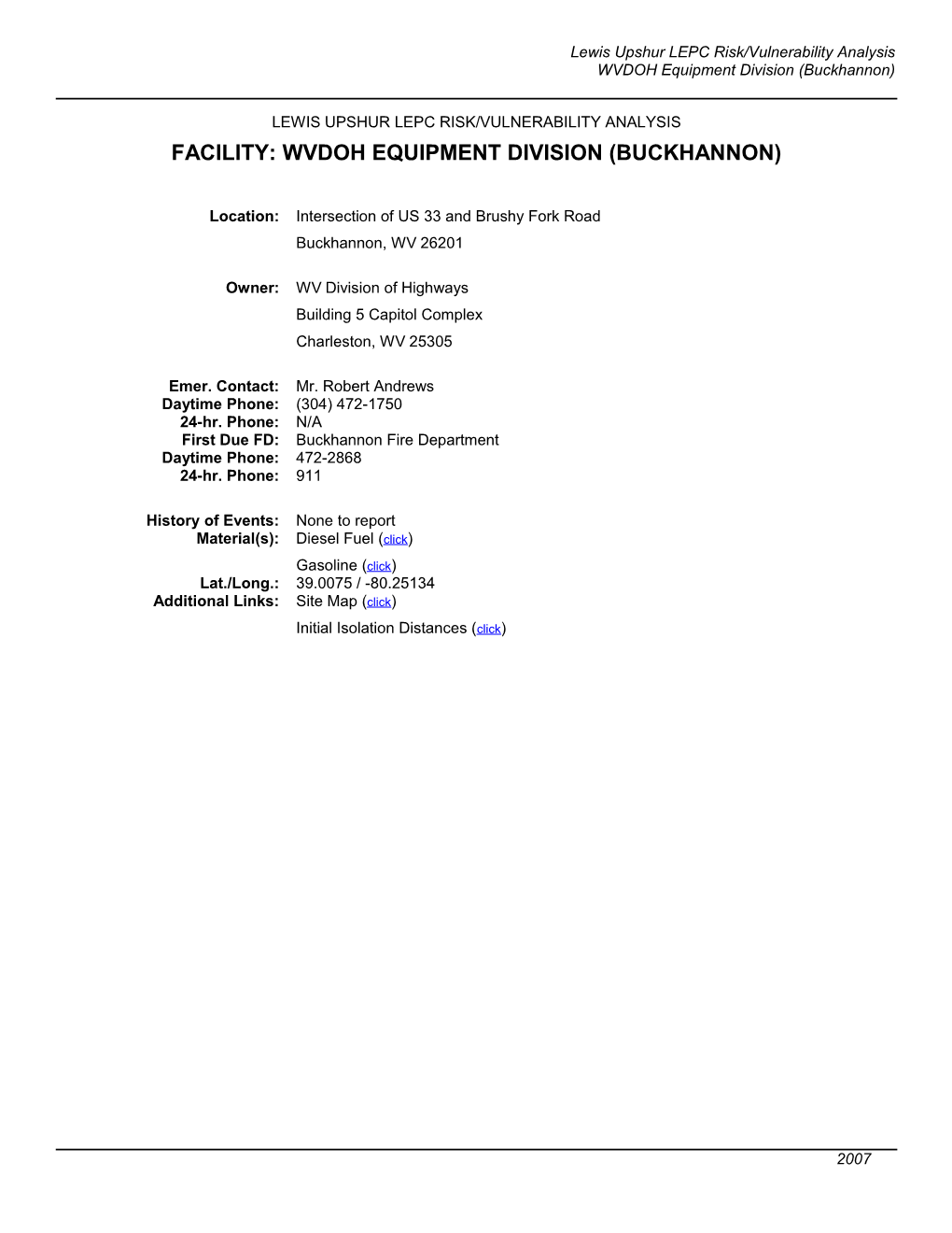 Facility: Wvdoh Equipment Division (Buckhannon)