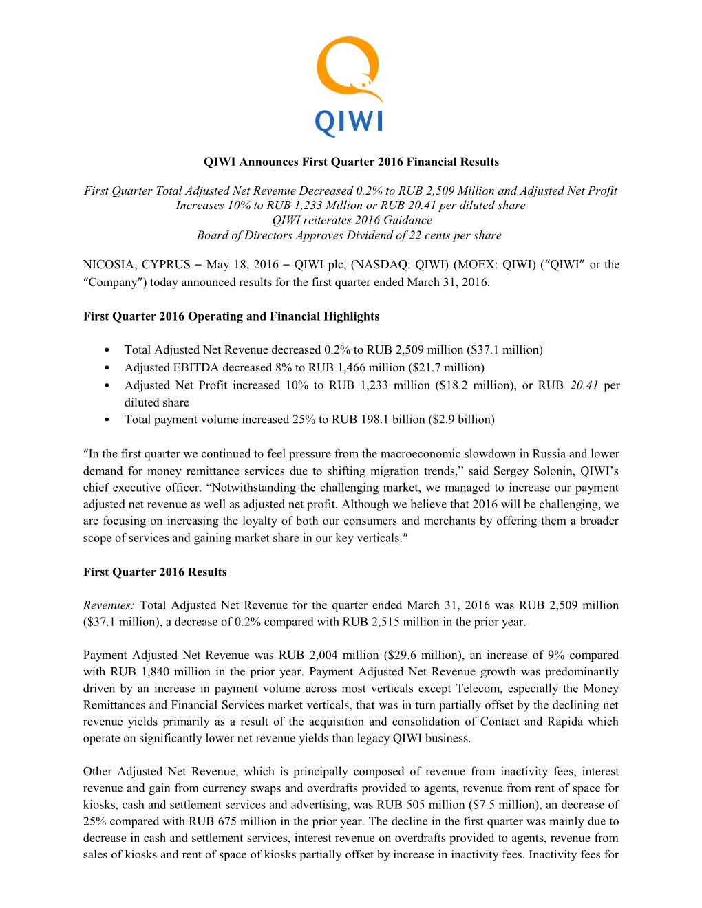 QIWI Announces First Quarter 2016 Financial Results