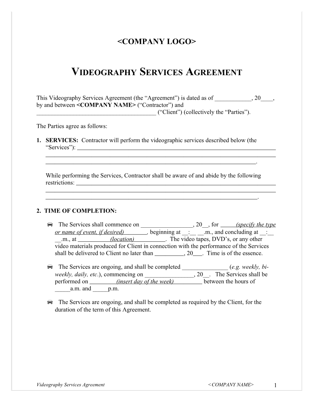 Videography Services Agreement