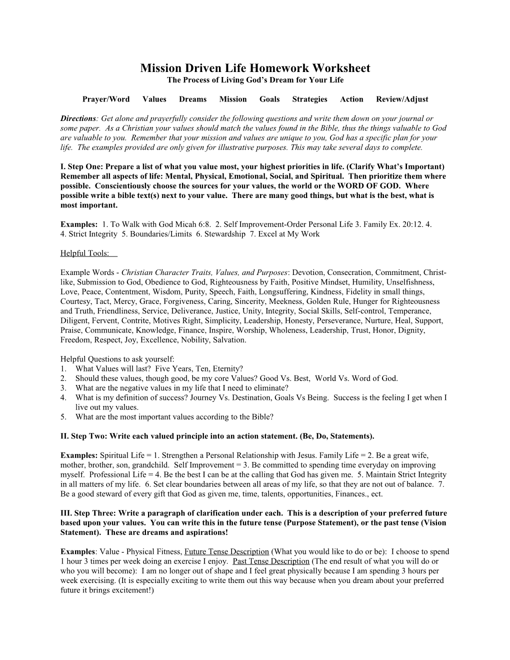 Mission Driven Life Homework Worksheet