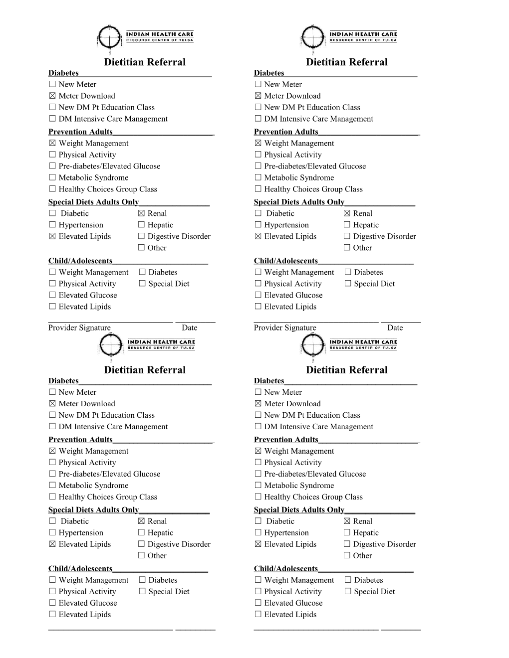 Indian Health Care Center of Tulsa, Inc Referral to Dietician Services