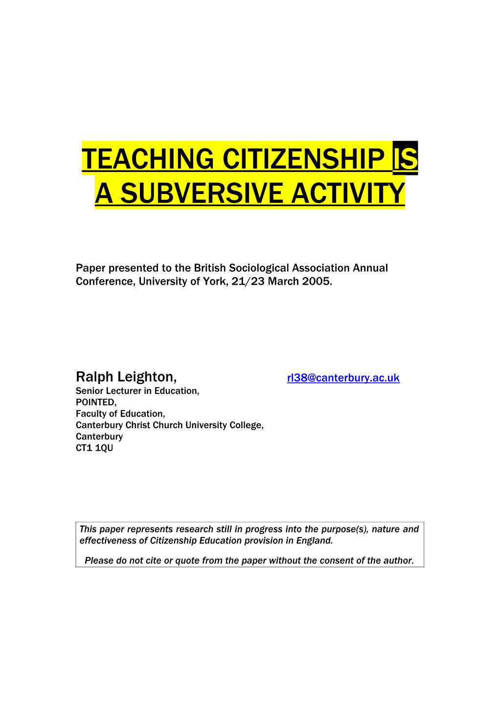Teaching Citizenship As a Subversive Activity