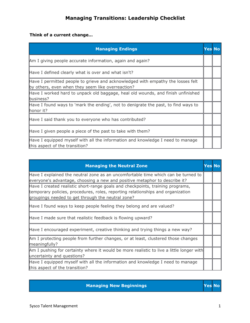 Managing Transitions: Leadership Checklist