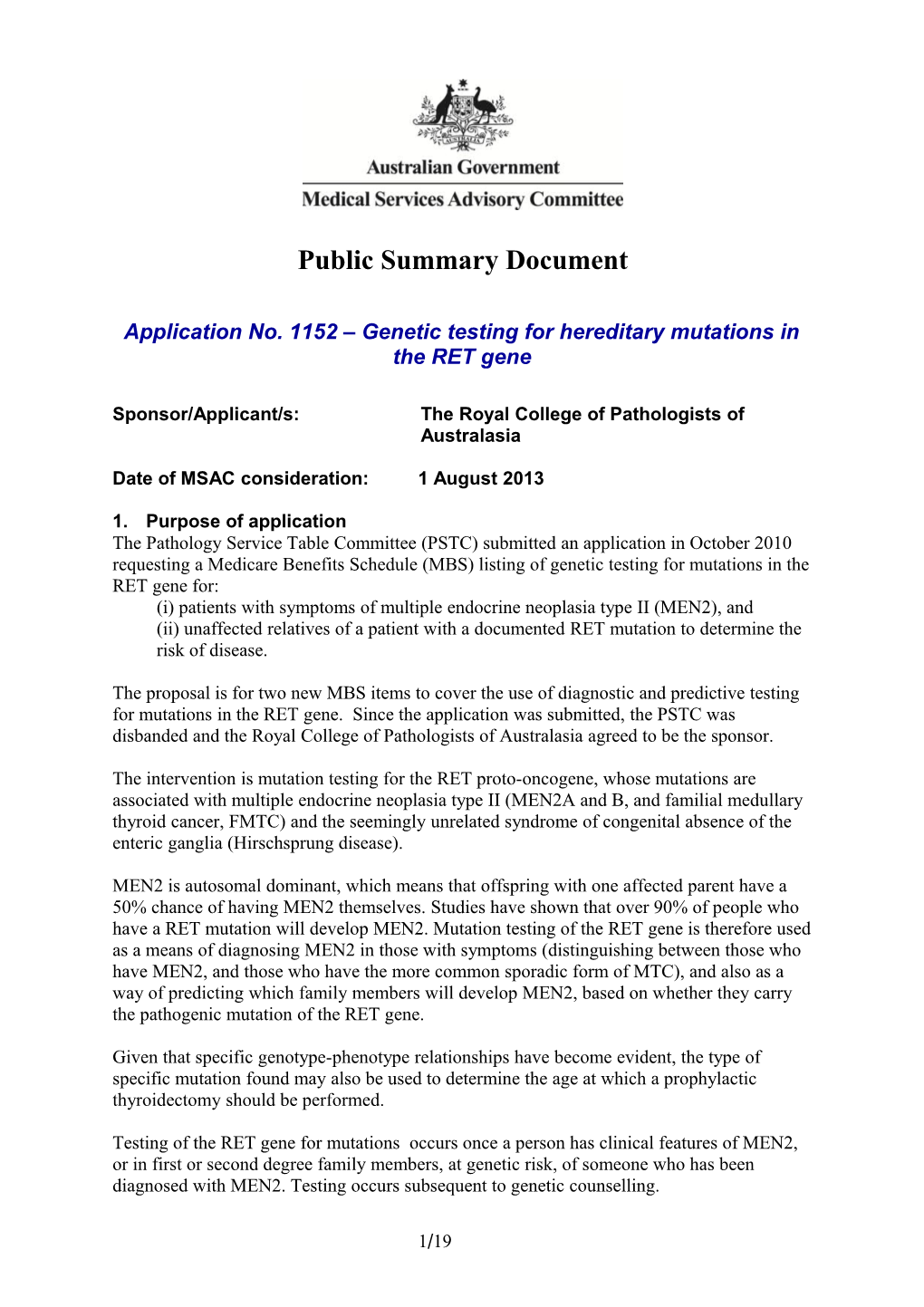 Application No. 1152 Genetic Testing for Hereditary Mutations in the RET Gene