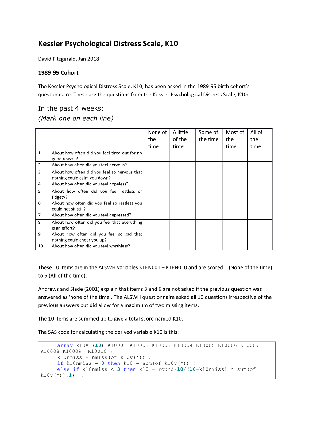 Kessler Psychological Distress Scale, K10