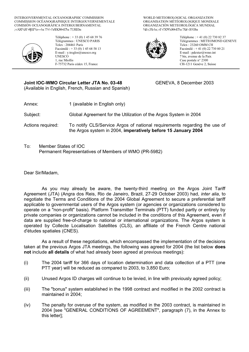 Joint IOC-WMO Circular Letter JTA No