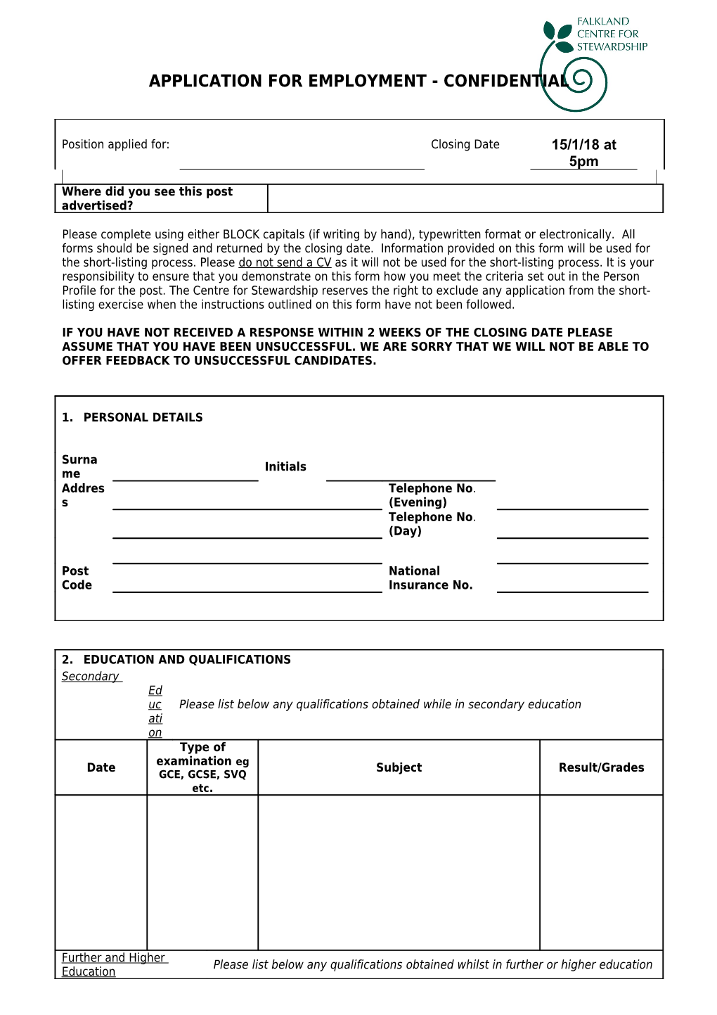 Application for Employment - Confidential