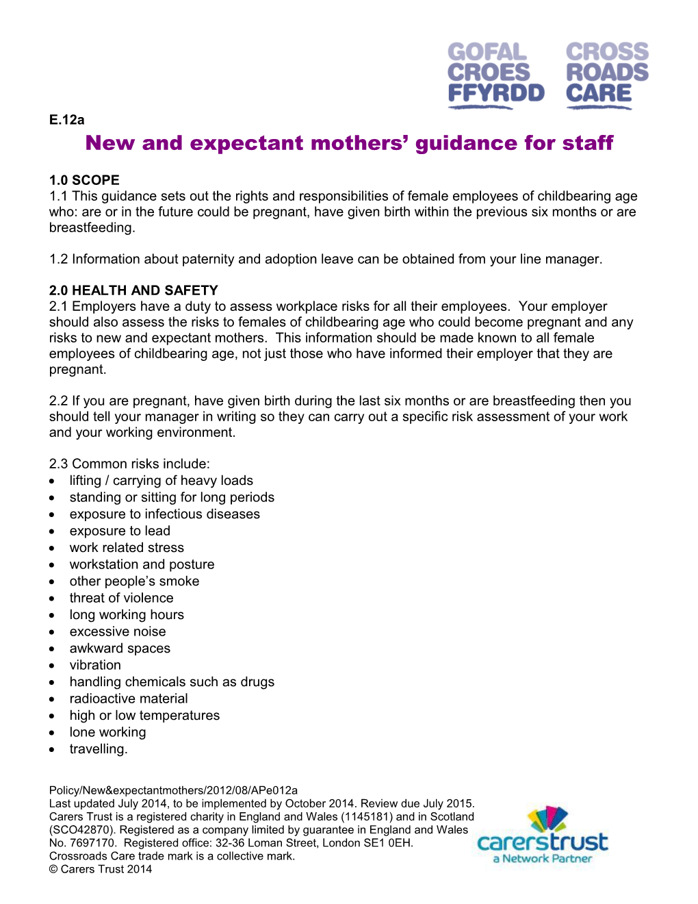 New and Expectant Mothers Guidance for Staff