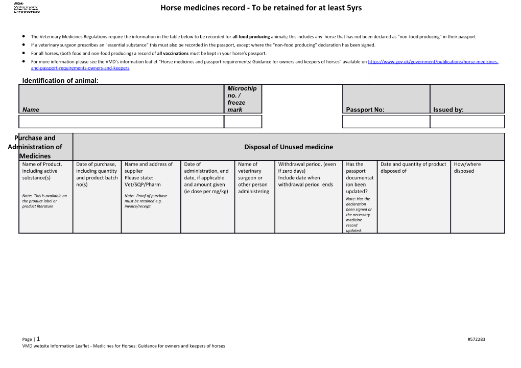 VMD Website Information Leaflet - Medicines for Horses: Guidance for Owners and Keepers