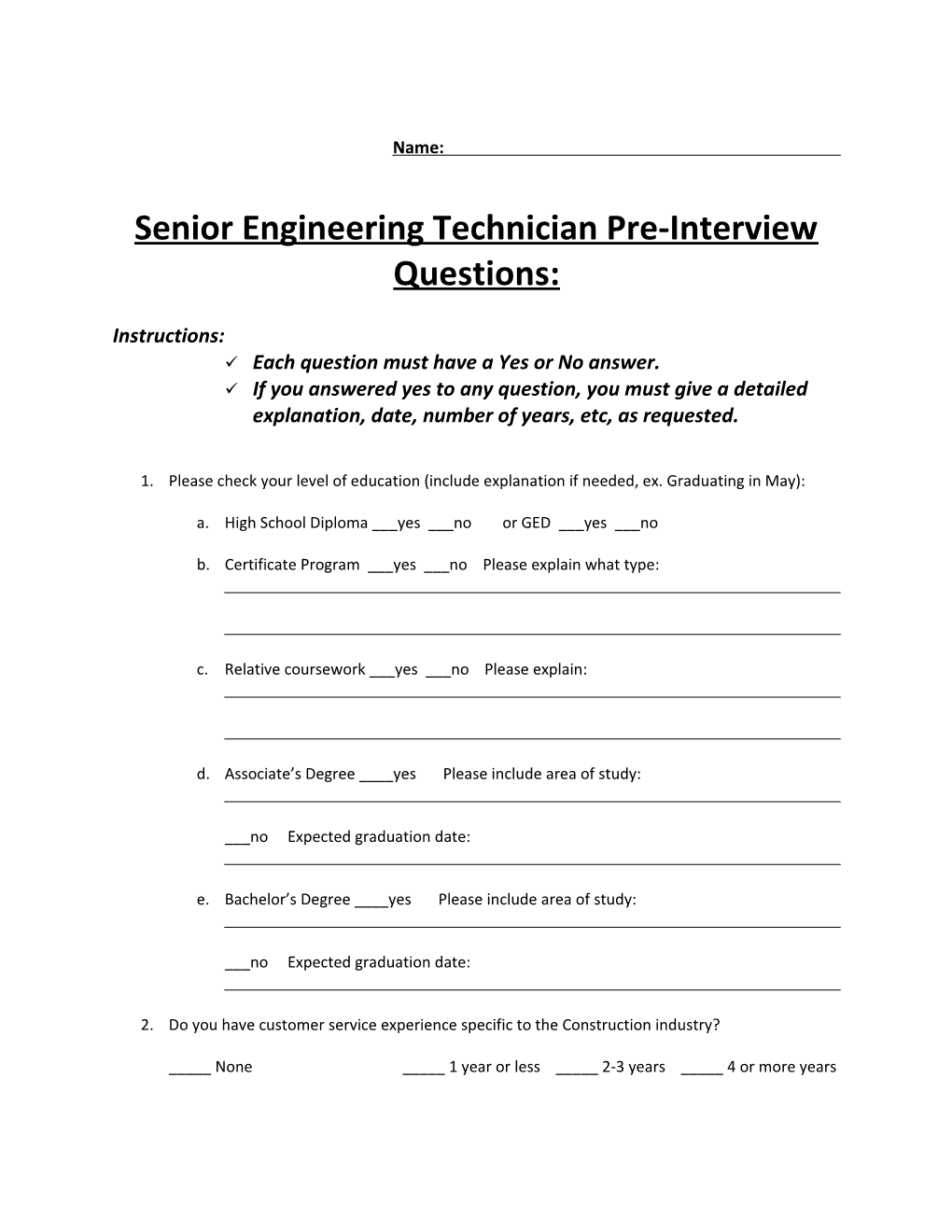 Senior Engineering Technician Pre-Interview Questions