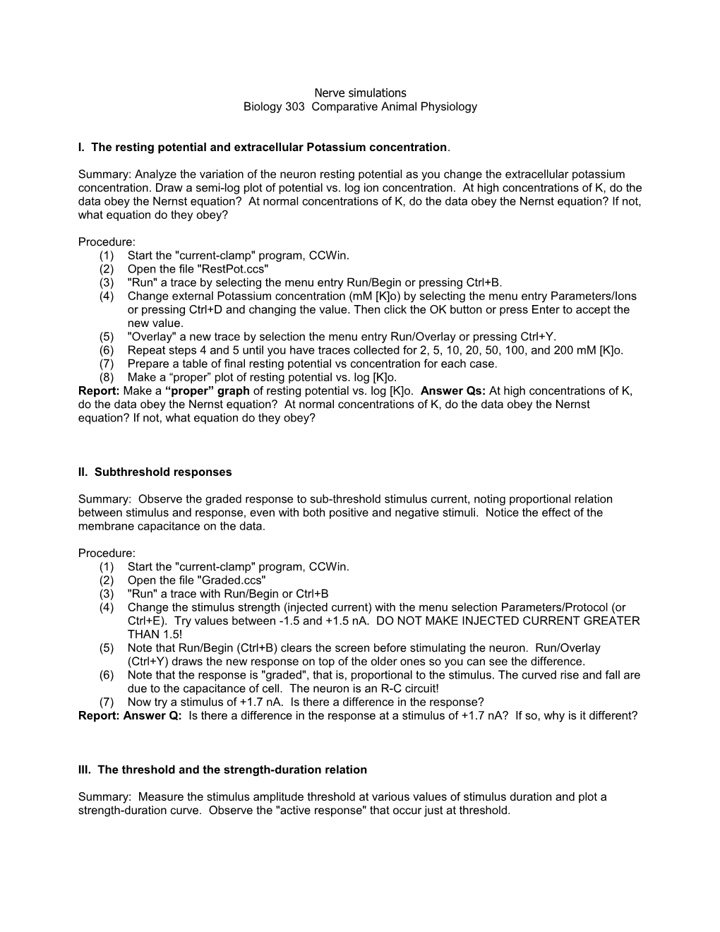 Biology 303 Comparative Animal Physiology