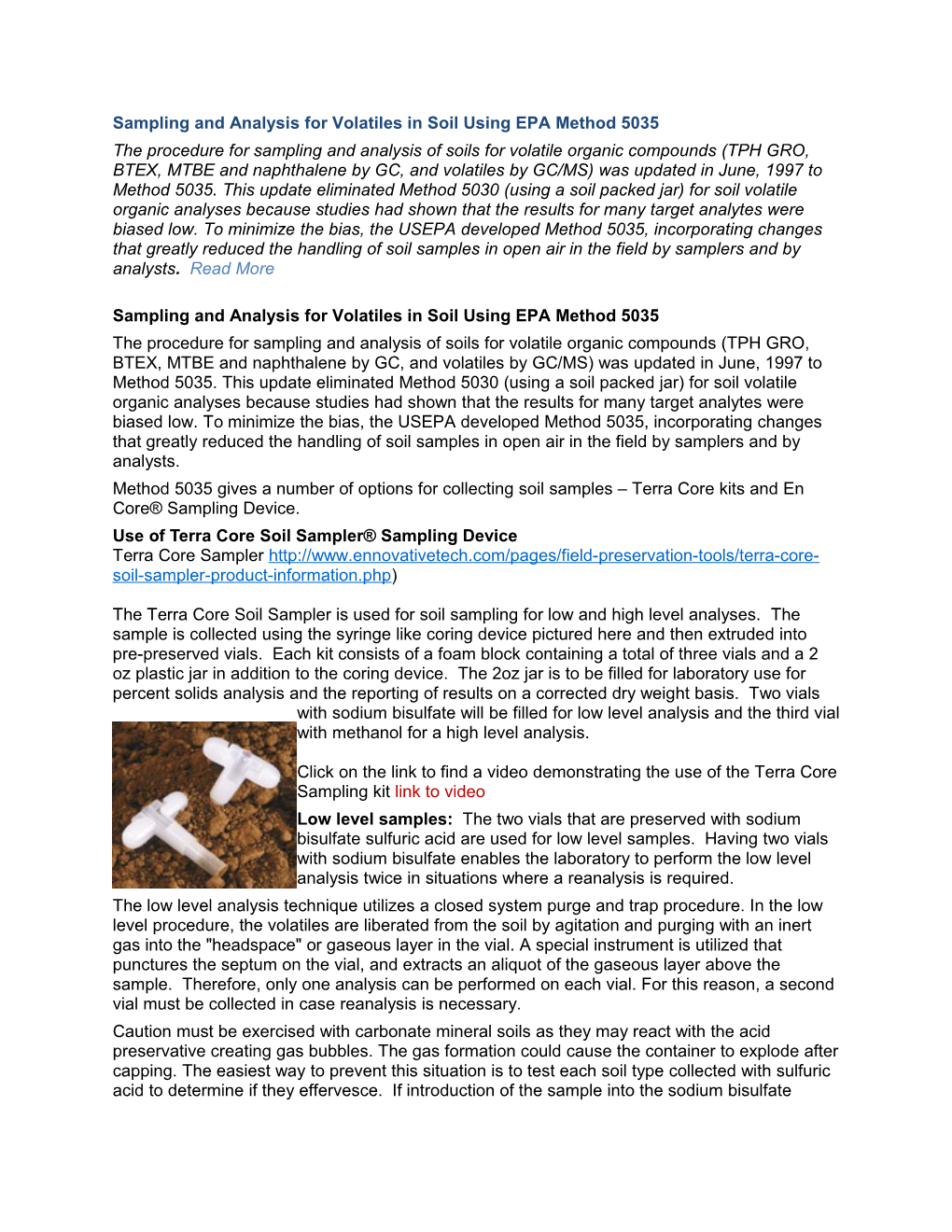 Sampling and Analysis for Volatiles in Soil Using EPA Method 5035