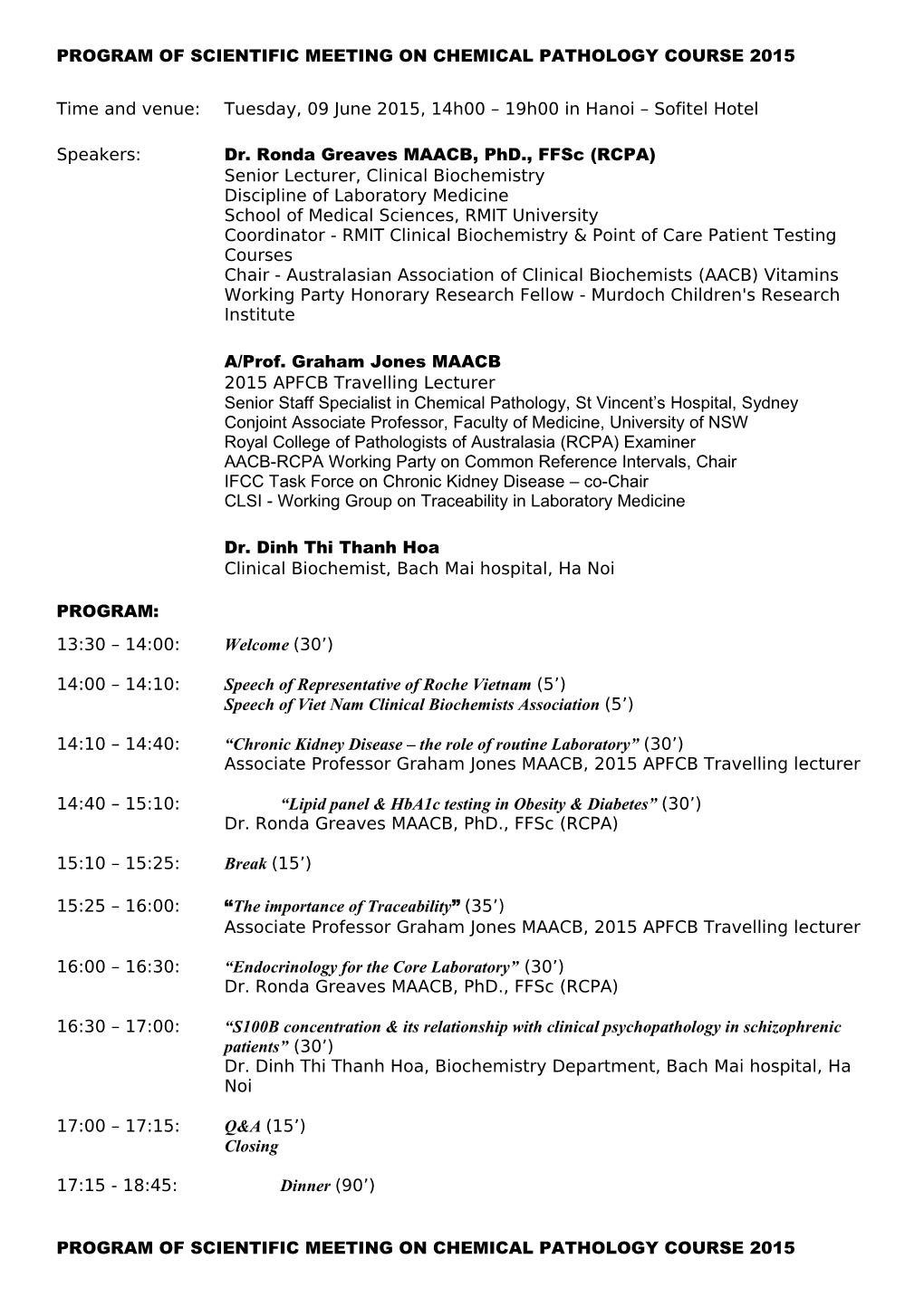 Program of Scientific Meeting on Chemical Pathology Course 2015