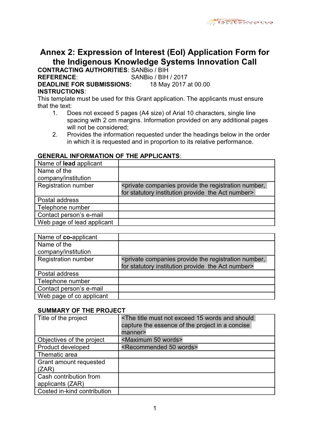 Annex 2: Expression of Interest (Eoi) Application Form for the Indigenous Knowledge