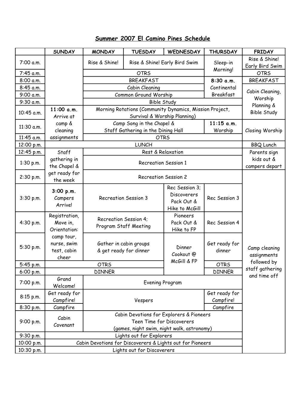 Summer 2000 Luther Village Schedule