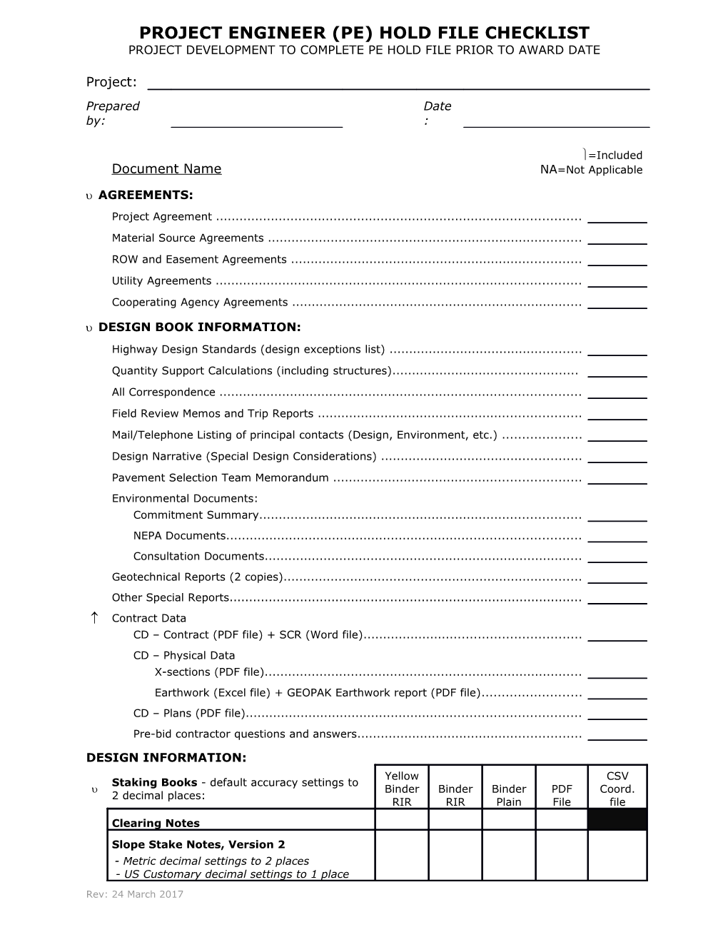 Project Engineer (PE) Hold File Checklist