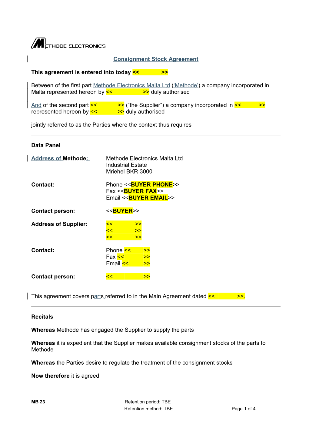 Consignment Stock Agreement