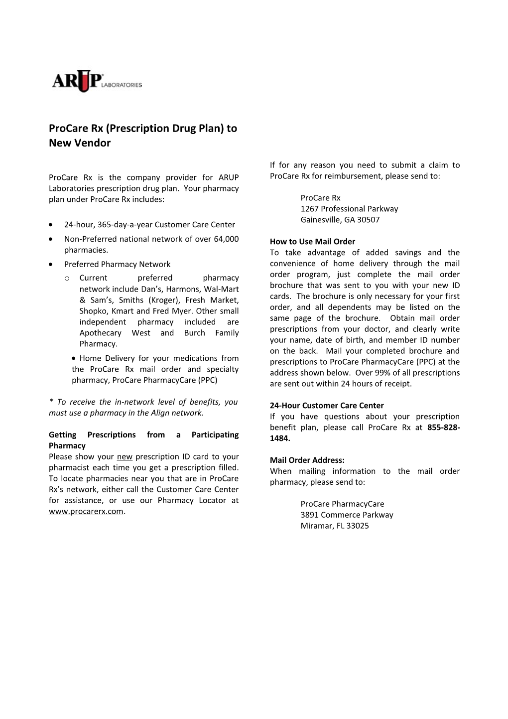 Procare Rx (Prescription Drug Plan) to New Vendor