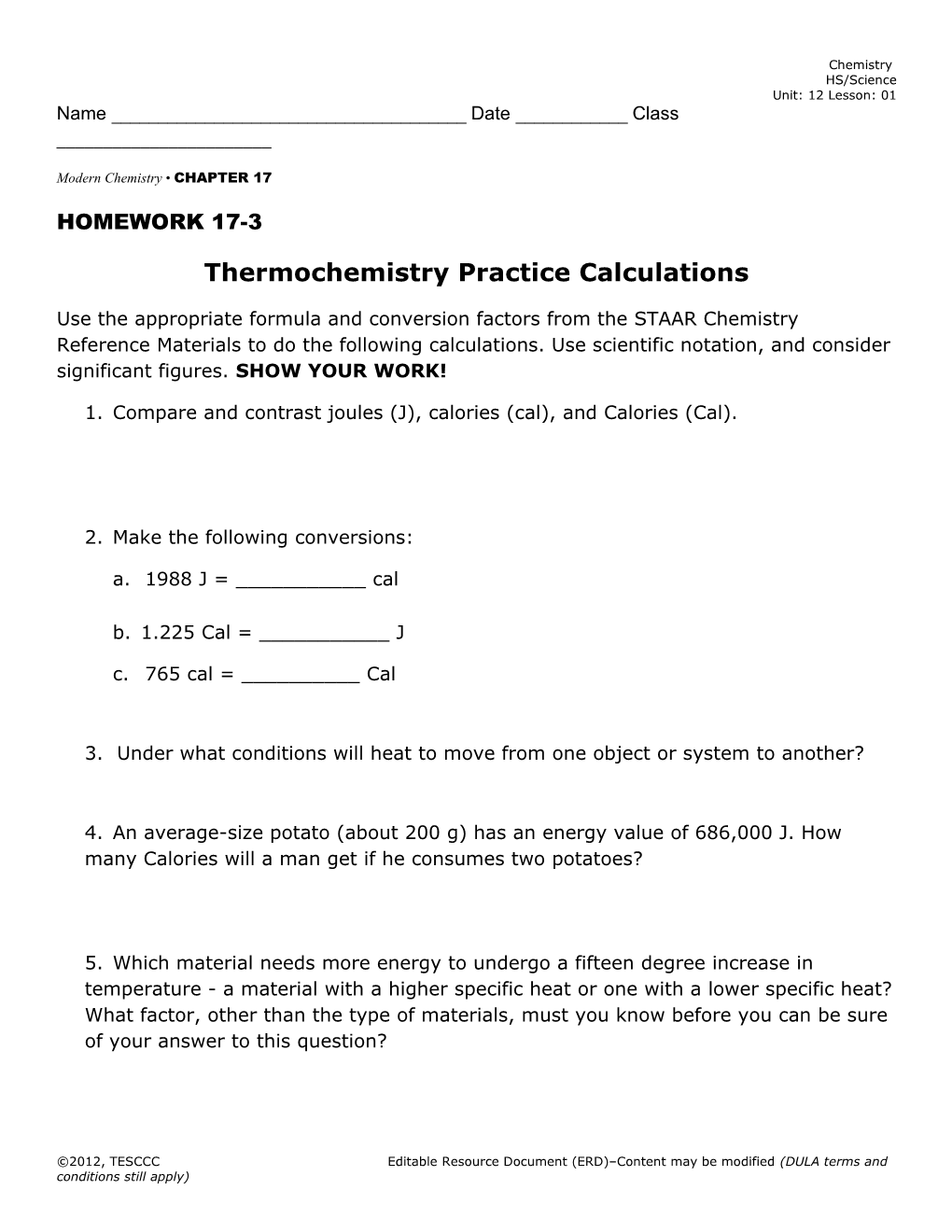 Thermochemistry Practice Calculations