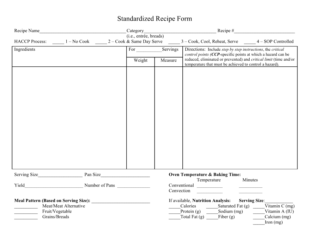 Standardized Recipe Form