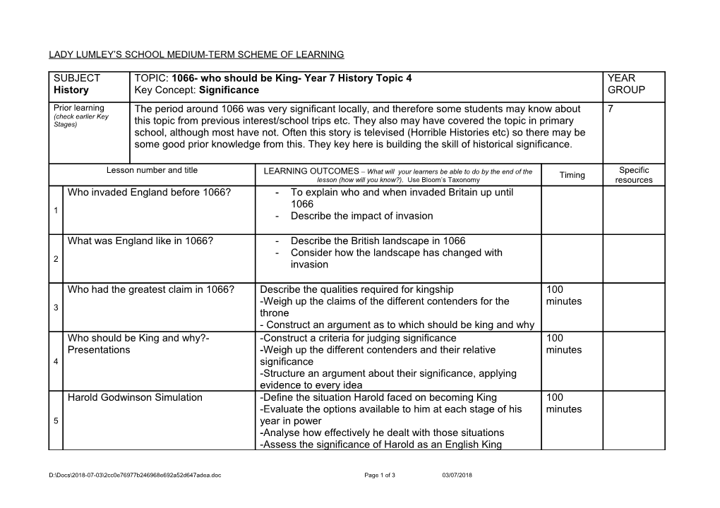 Lady Lumley S School Medium-Term Scheme of Learning s1