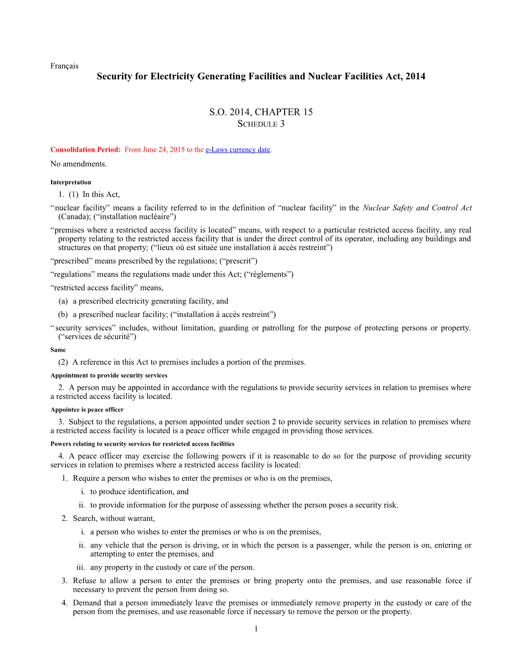 Security for Electricity Generating Facilities and Nuclear Facilities Act, 2014, S.O. 2014