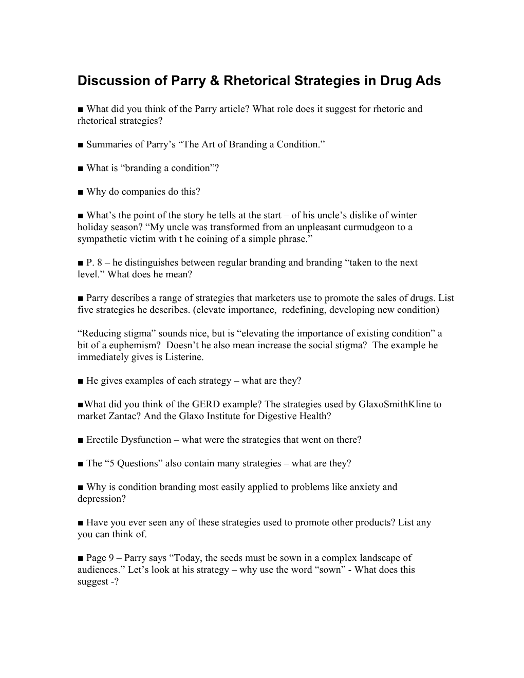 Discussion of Parry & Rhetorical Strategies in Drug Ads