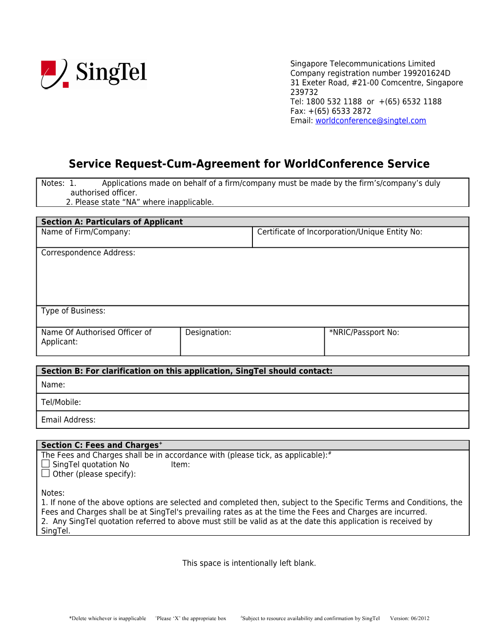 Service Request-Cum-Agreement for Worldconference Service