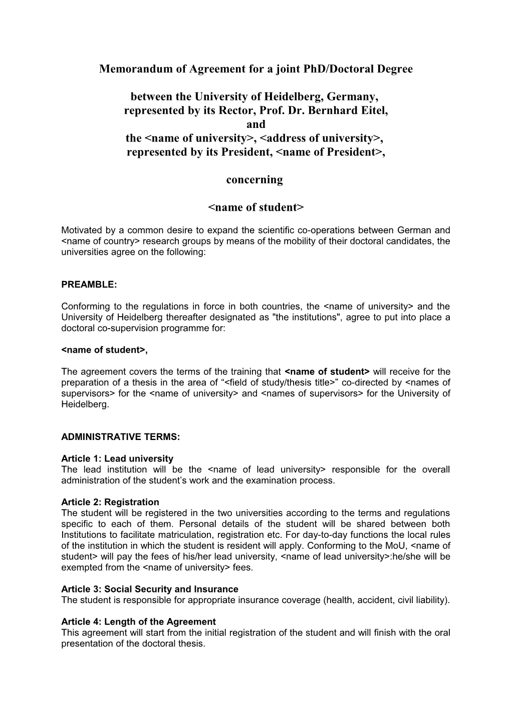 Memorandum of Agreement for a Joint Phd/Doctoral Degree