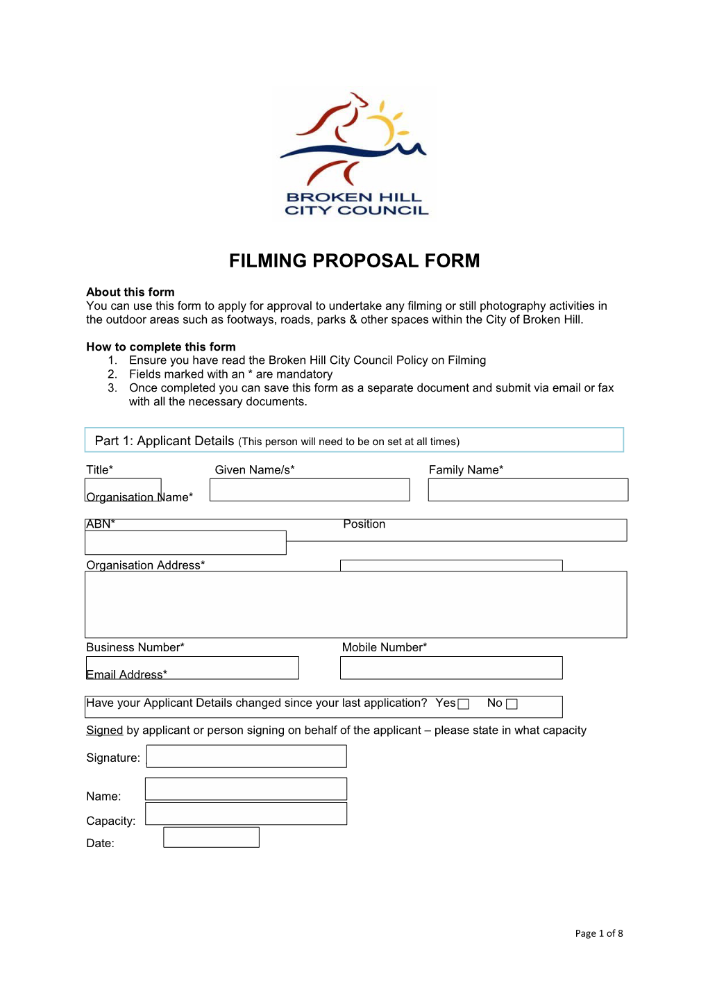 Film Making Within the Broken Hill City Council Area Application Form