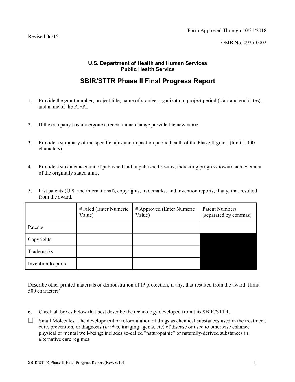 SBIR Phase II Final Progress Report Instructions