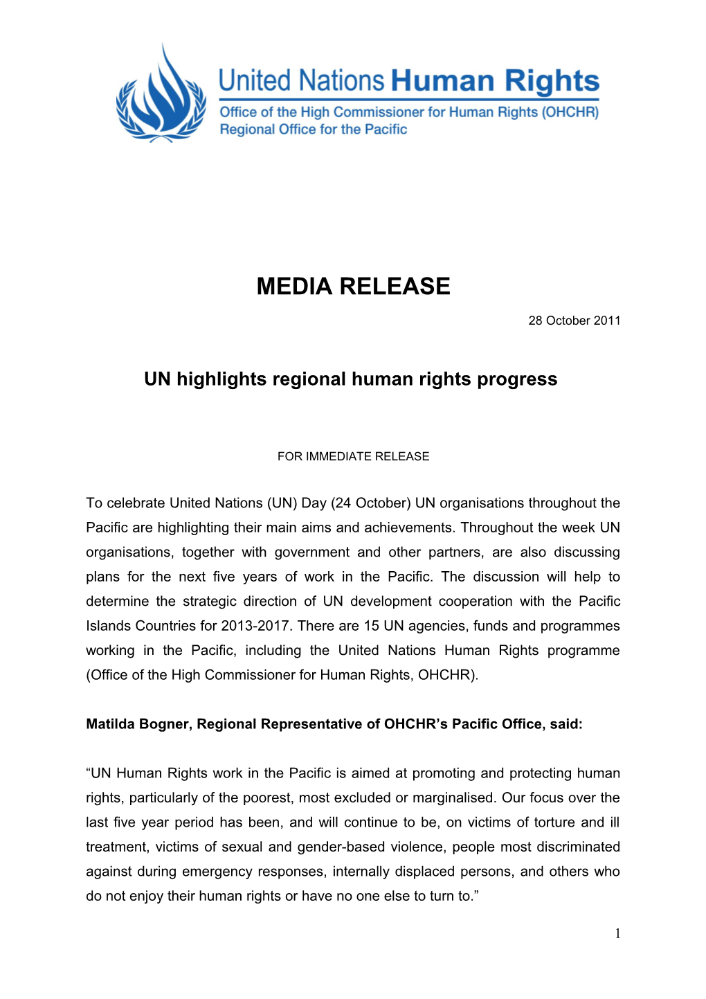 UN Highlights Regional Human Rights Progress