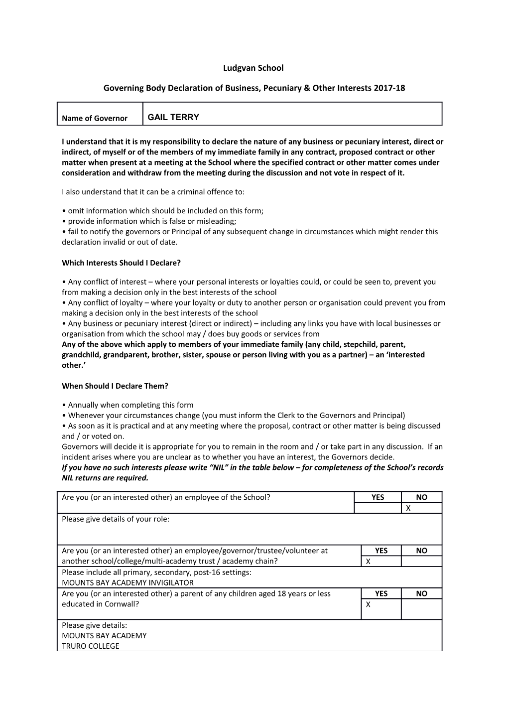 Governing Body Declaration of Business, Pecuniary & Other Interests 2017-18