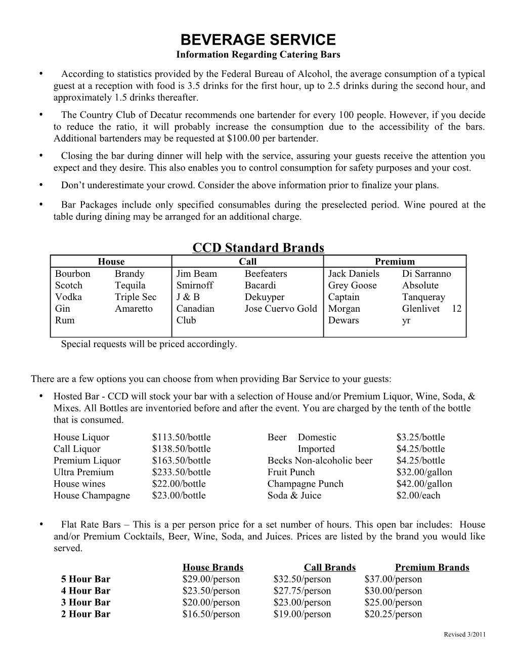 Information Regarding Catering Bars