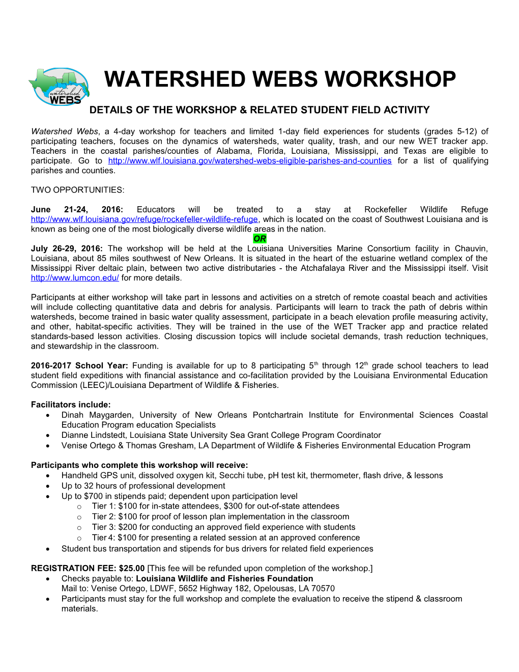 Details of the Workshop & Related Student Field Activity