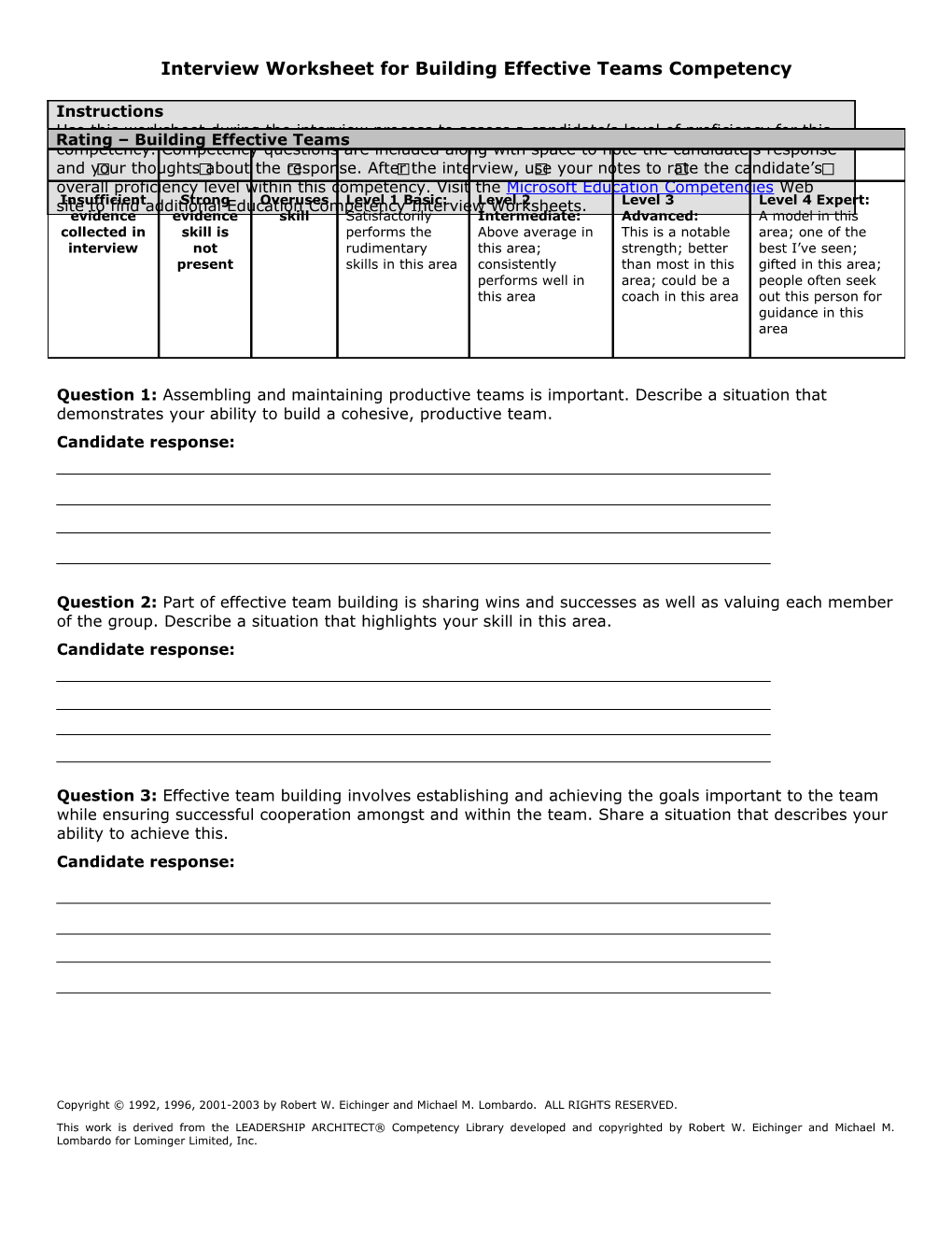 Interview Worksheet for Building Effective Teams Competency