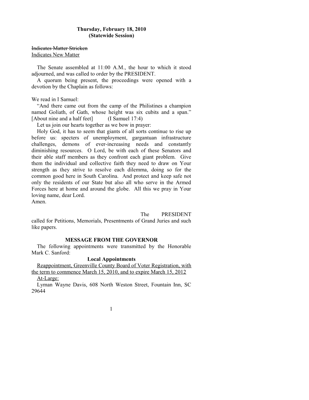 Senate Journal for Feb. 18, 2010 - South Carolina Legislature Online