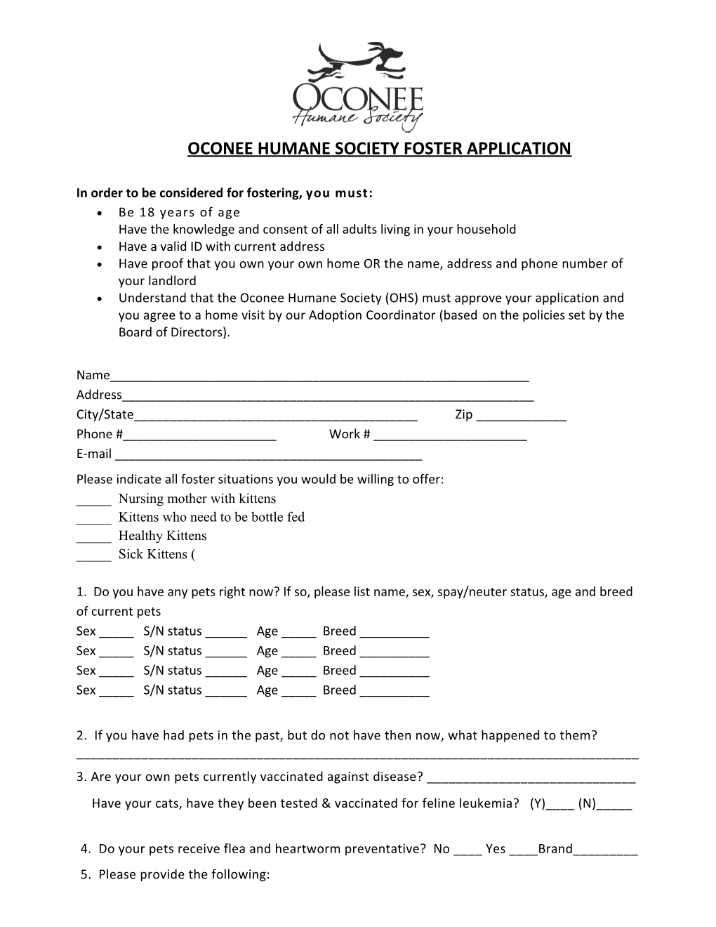 Oconee Humane Society Foster Application