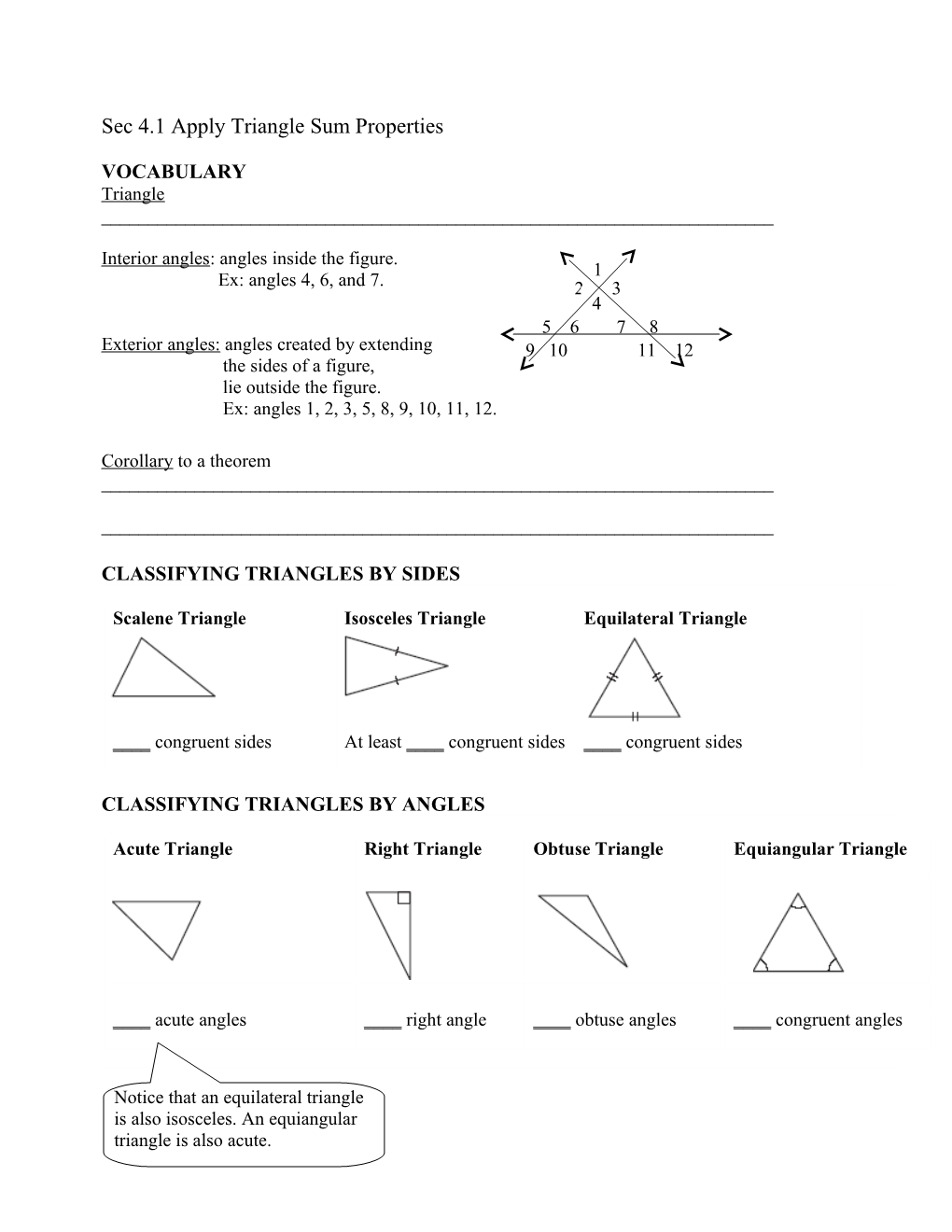 Sec 4.1 Apply Triangle Sum Properties