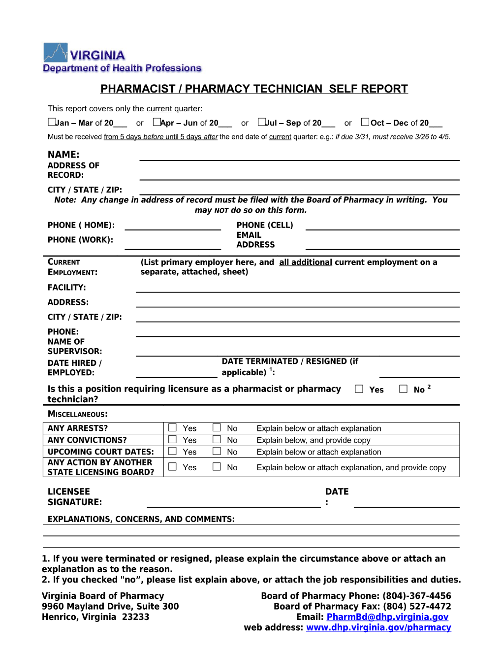 Self Report Form - Pharmacist Or Pharmacy Tech