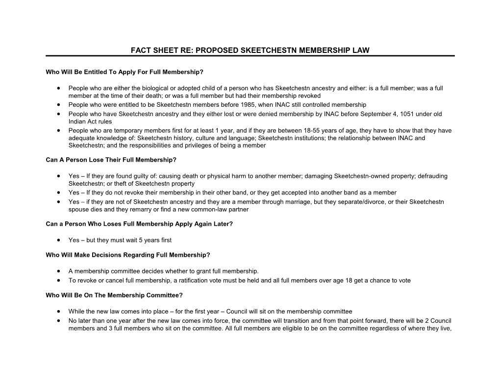 Fact Sheet Re: Proposed Skeetchestn Membership Law