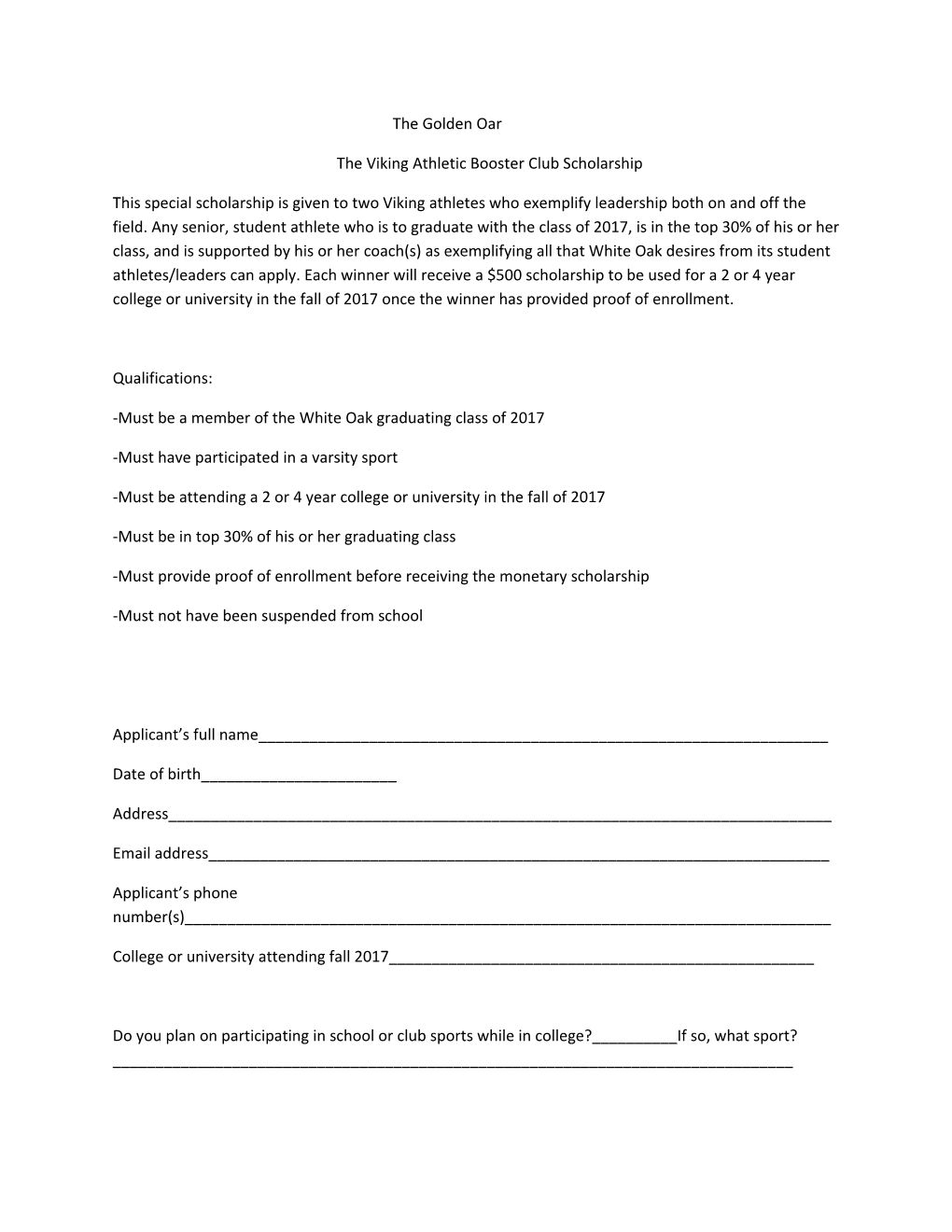 The Viking Athletic Booster Club Scholarship
