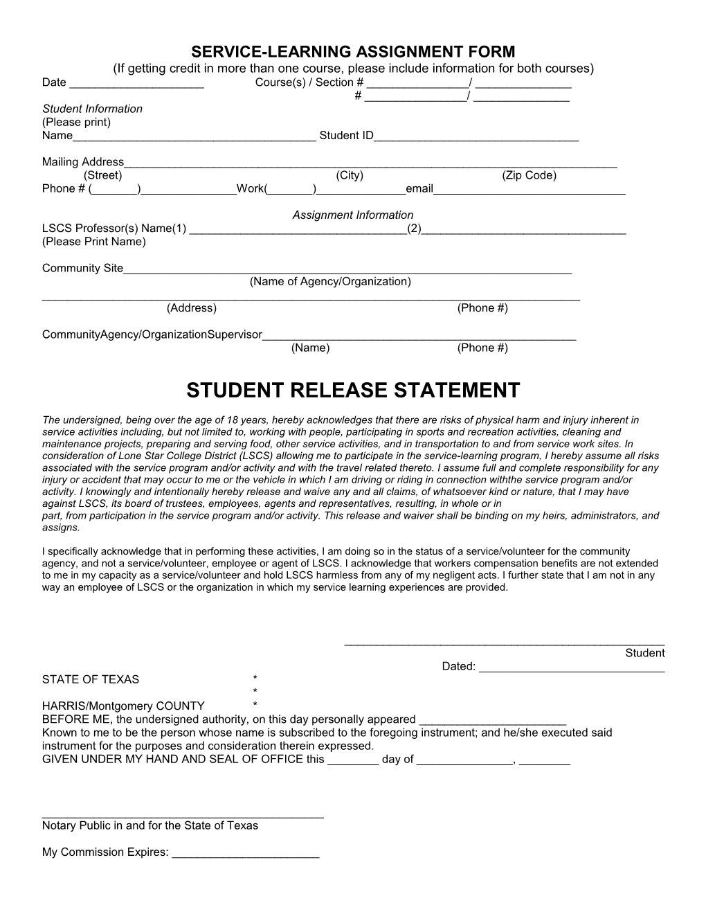 Service-Learning Assignment Form