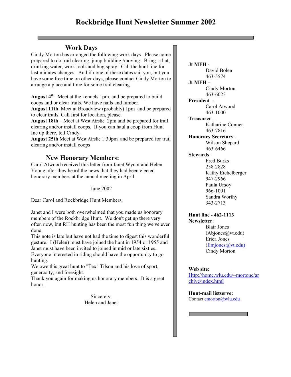 Rockbridge Hunt Newsletter - Summer 2002